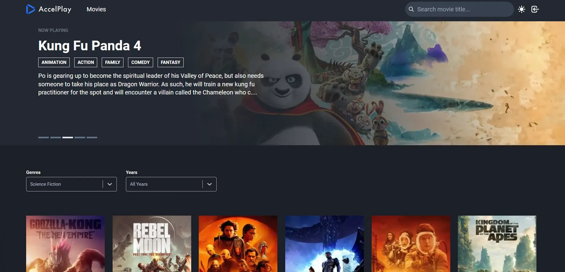 AccelPlay home page showing Kung Fu Panda 4 in the hero section