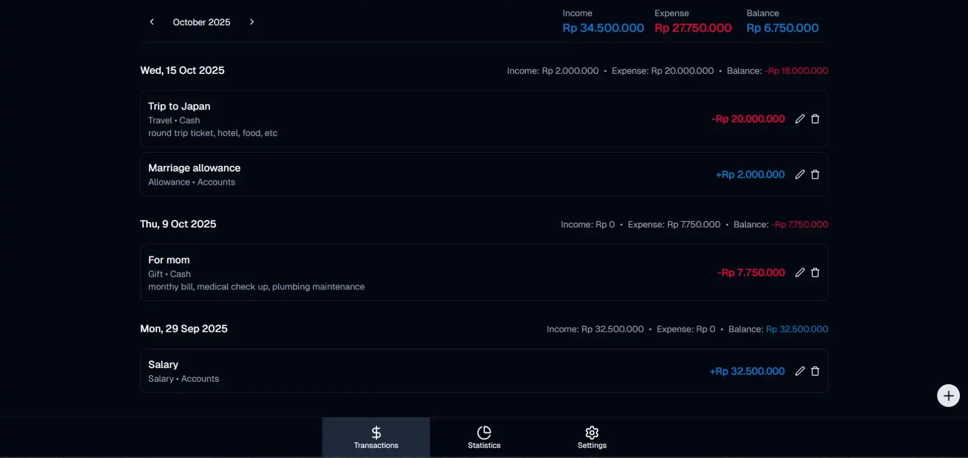 Transaction page in dark mode UI