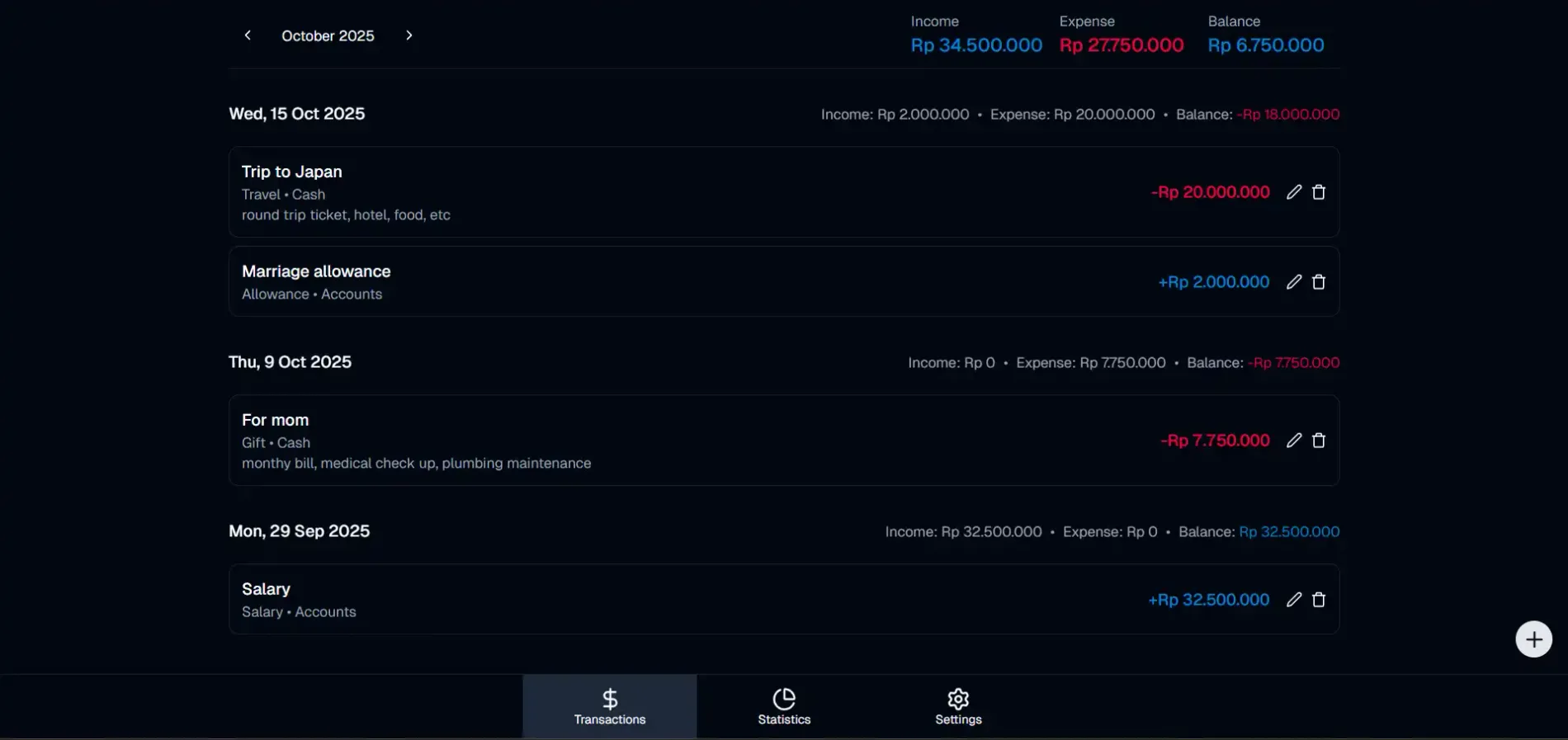 Transaction page in dark mode UI