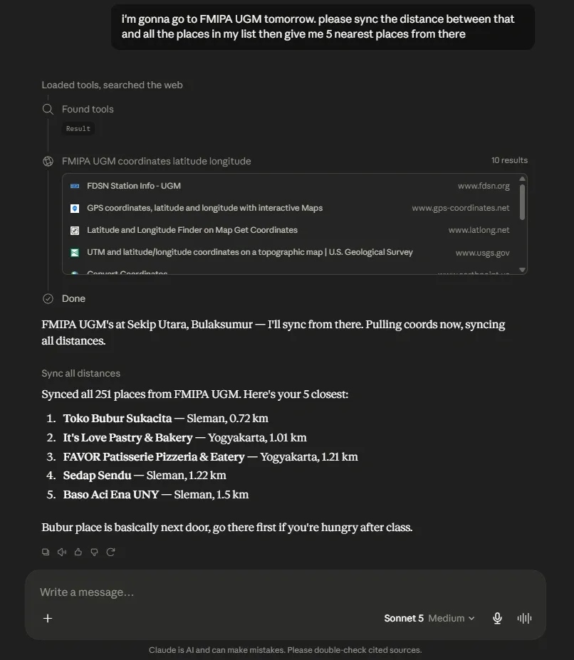 Claude Desktop connected to the Places To Go MCP server, showing the assistant managing the tracker from inside chat