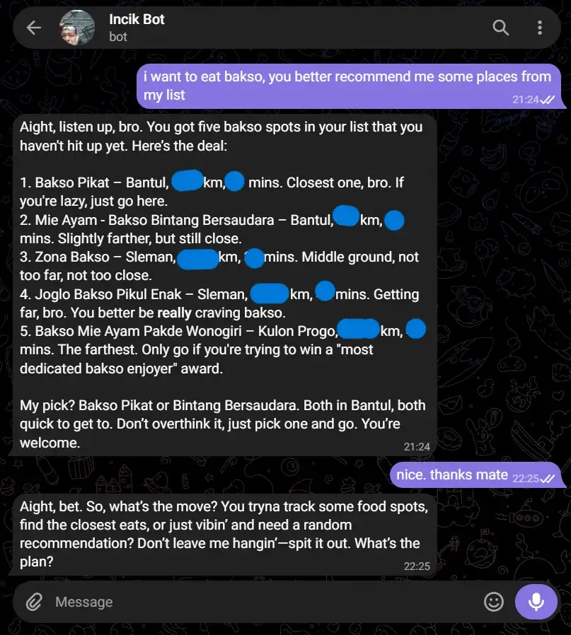 Telegram bot showing smart recommendations for nearby food spots and a quick way to pick where to eat next
