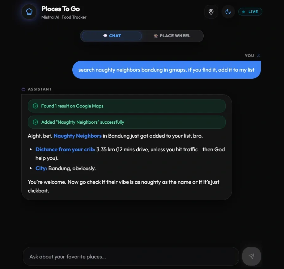 Assistant adding Naughty Neighbors Bandung to the tracker after a single chat message, showing distance and city details in the response