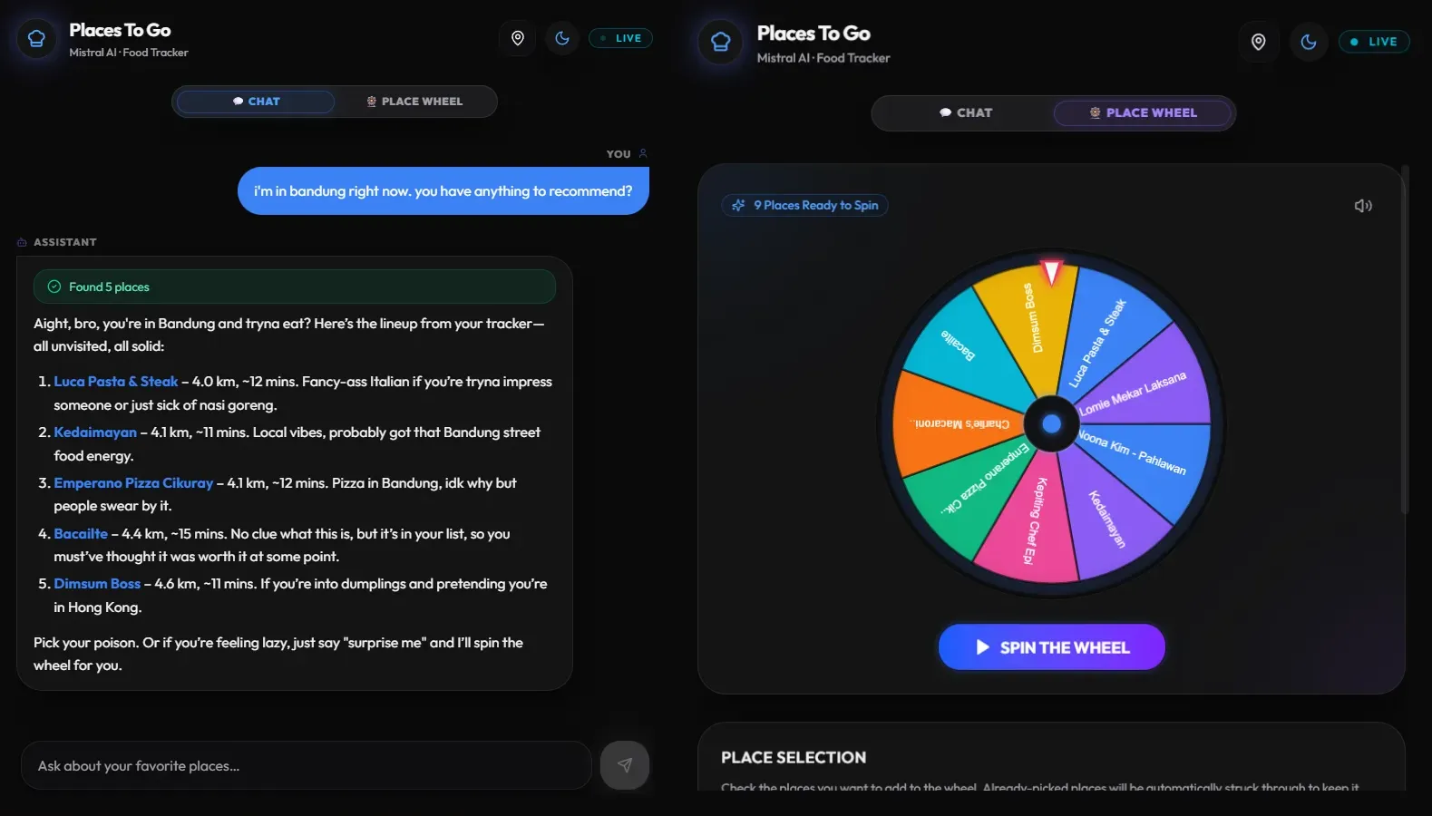 Places To Go showing the chat interface with the AI recommending nearby places in Bandung, and the Wheel of Places with 9 places ready to spin