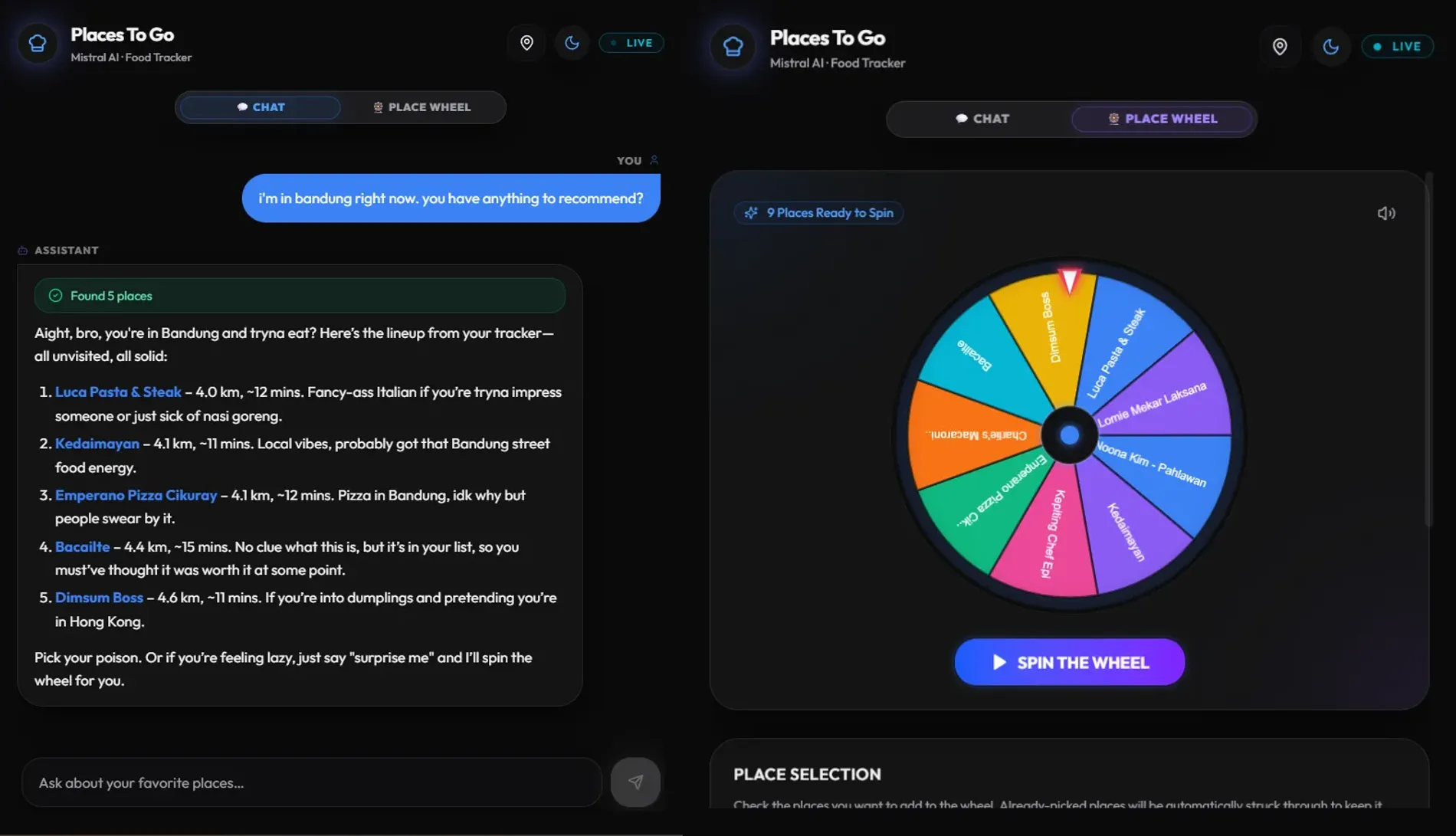 Places To Go showing the chat interface with the AI recommending nearby places in Bandung, and the Wheel of Places with 9 places ready to spin