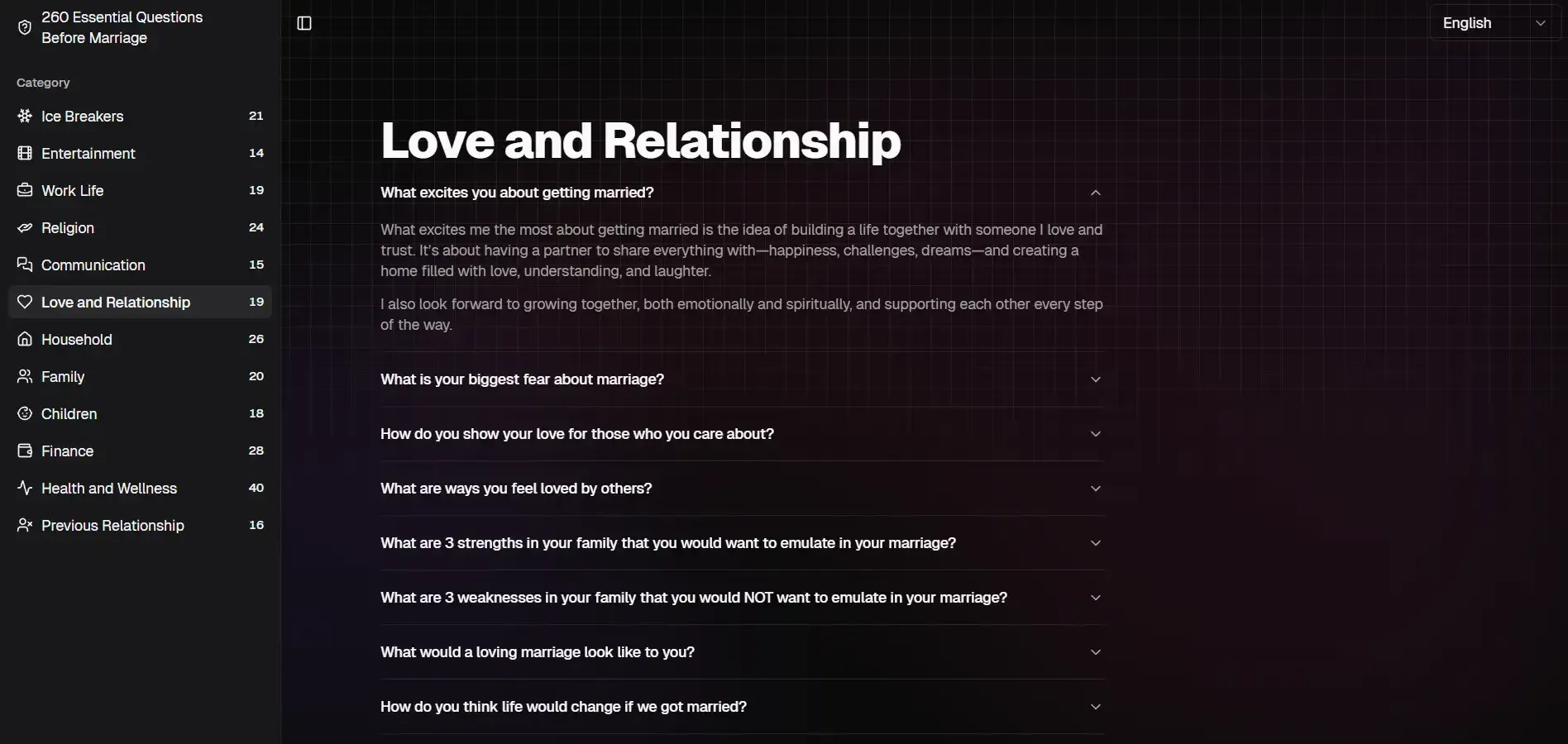A sleek, dark-themed UI with a categorized list of 260 premarital questions, featuring an expandable Q&A layout for easy navigation.