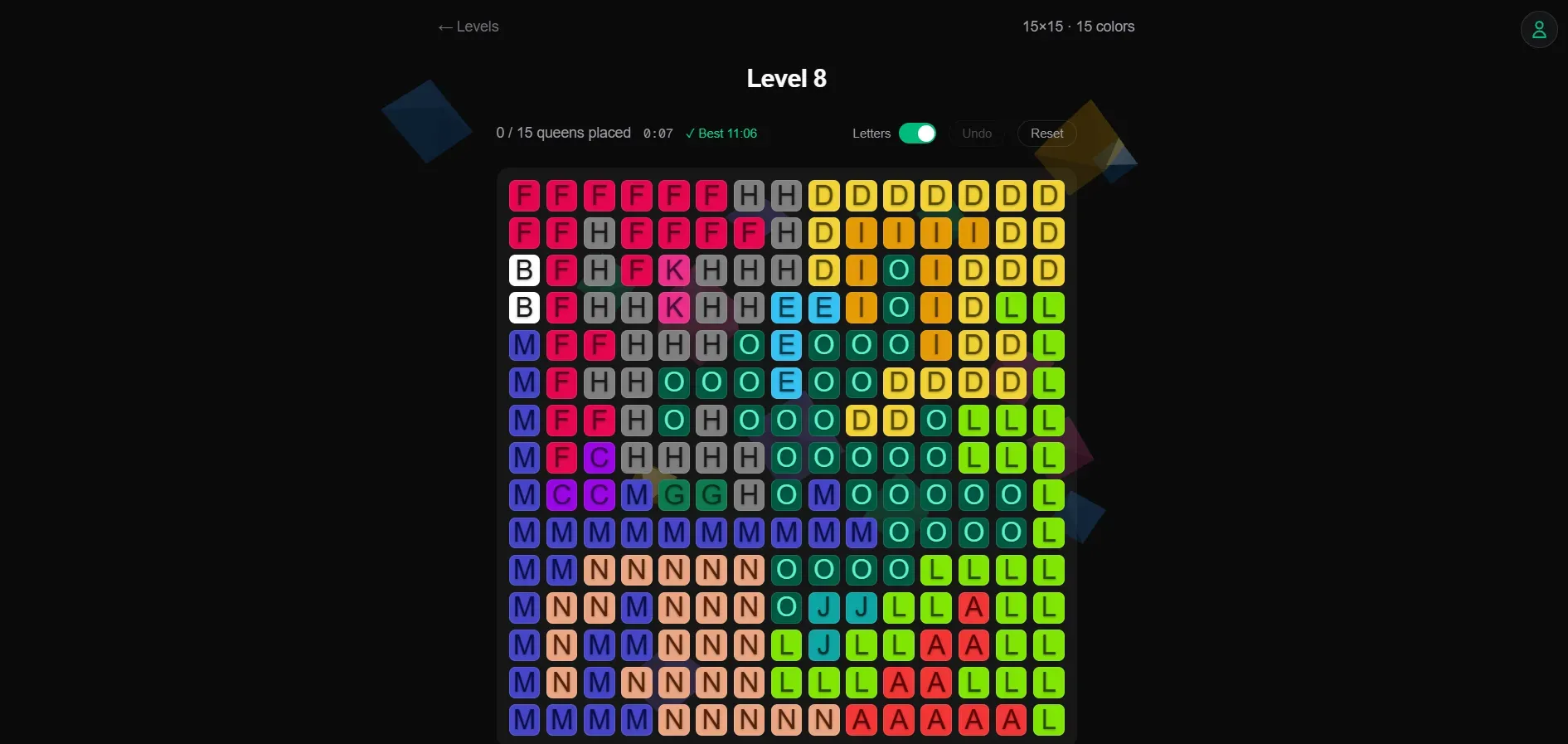 Level 8, a 15x15 grid with the Letters toggle on, Undo and Reset buttons, a timer, and a best time of 11:06