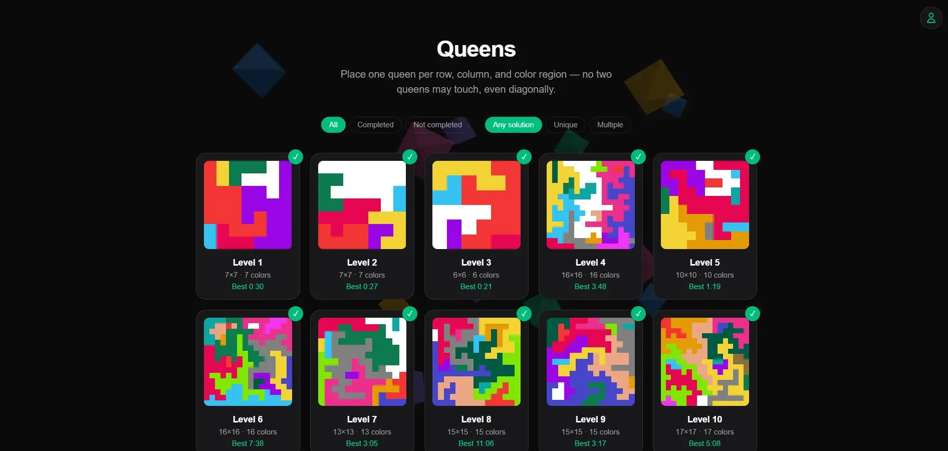 Queens level select showing completed levels with best times, plus filters for completion and solution count