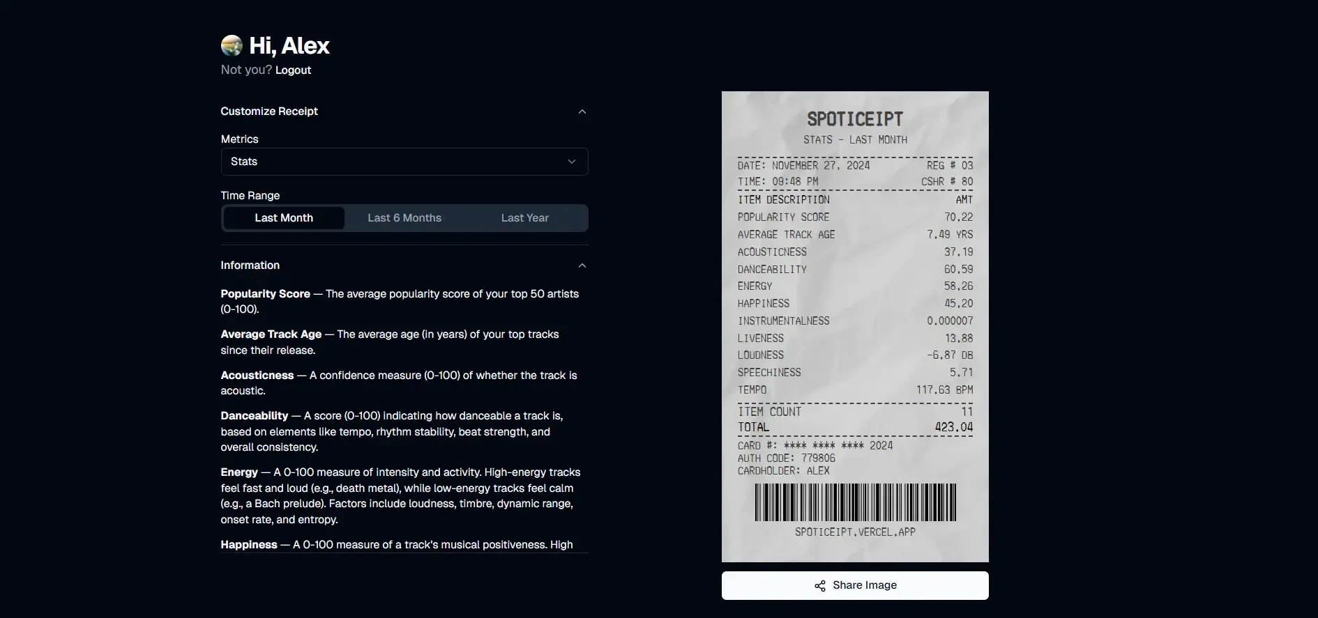 Spoticeipt UI showing a receipt of current user's stats from last year