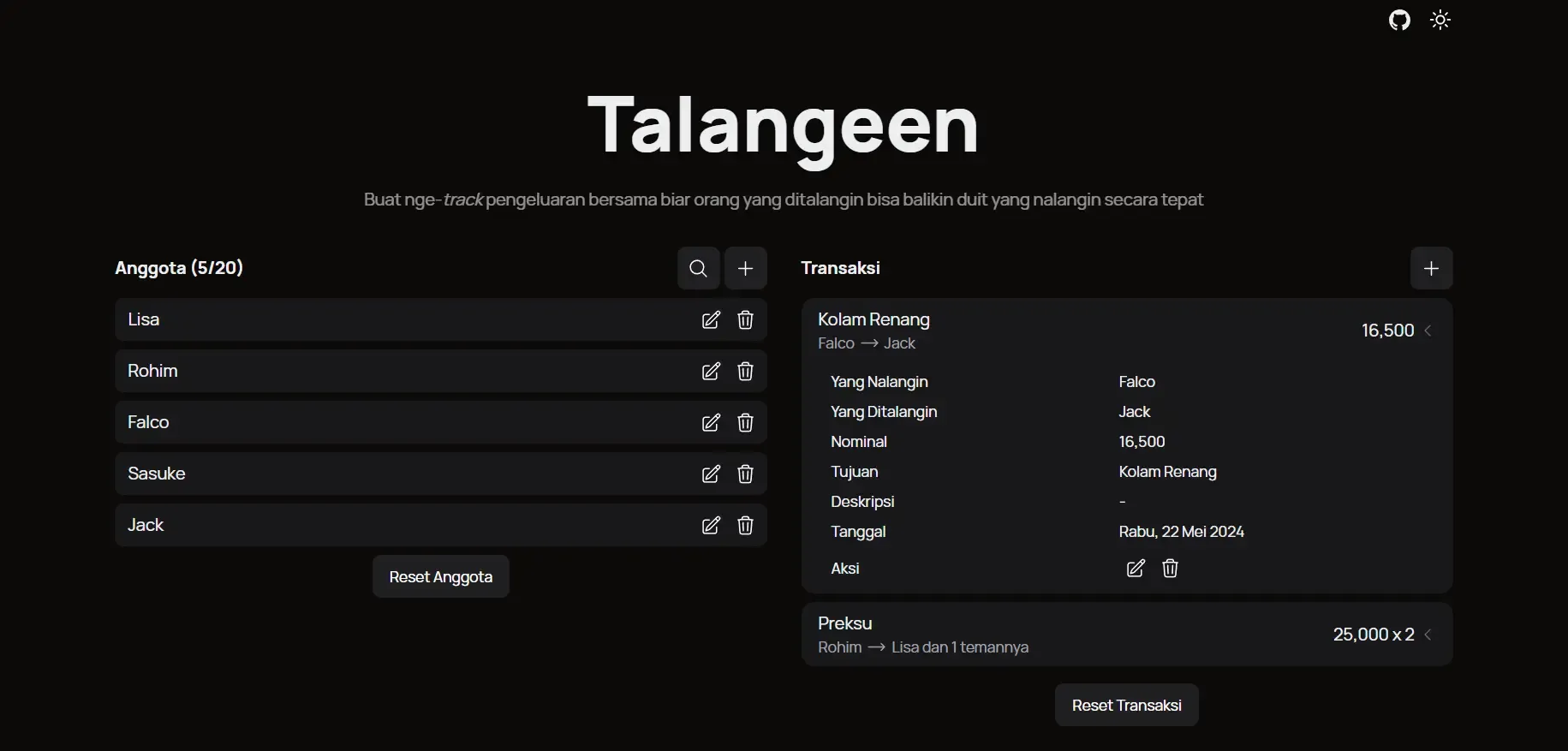 Talangeen UI showing list of members and transactions in Bahasa